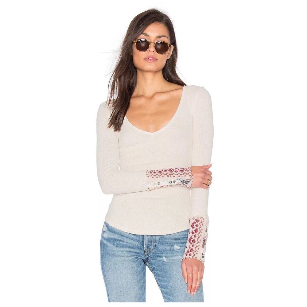 Free People We the Free Art School Cuff Long Sleeve Thermal Taupe Cream Small